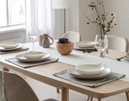 Wallpaper Mural Modern Dining Table Setup with Neutral Ceramic Dinnerware and Minimalist Decor Torontodigital.ca