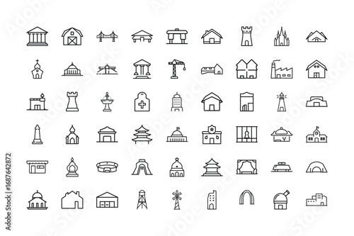 Buildings and Architecture Line Art Icon Vector Collection | Minimal Outline City, Home, Landmark, and Structure Icons.