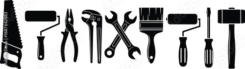 Silhouette Hand Tools Icon Set – Vector Illustration of DIY and Construction Equipment Isolated on White Background
