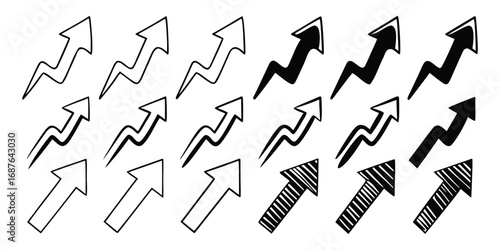 Collection of Hand Drawn Arrow Icons with Different Styles and Fillings Keywords: arrow, up, growth, direction, increase