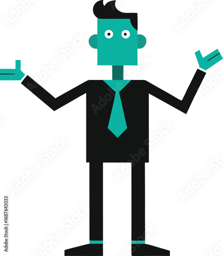 Stylized cartoon businessman with arms outstretched in a gesture of confusion or questioning isolated on white background isolated on transparent background silhouette