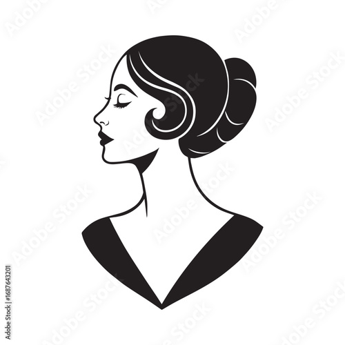 Elegant woman profile with styled hair stylized black and white
