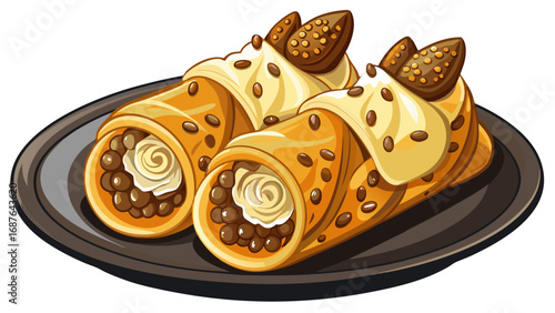 Golden crispy cannoli shells filled with sweet ricotta cream, adorned with chocolate chips. Placed neatly on a dark dish, isolated against white background, they radiate charm, flavor, and festive tra