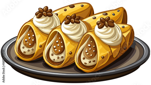 Golden crispy cannoli shells filled with sweet ricotta cream, adorned with chocolate chips. Placed neatly on a dark dish, isolated against white background, they radiate charm, flavor, and festive tra