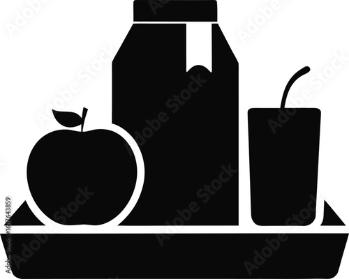 Simple black silhouette of a school lunch tray with an apple milk carton and juice box isolated on white background isolated on transparent background
