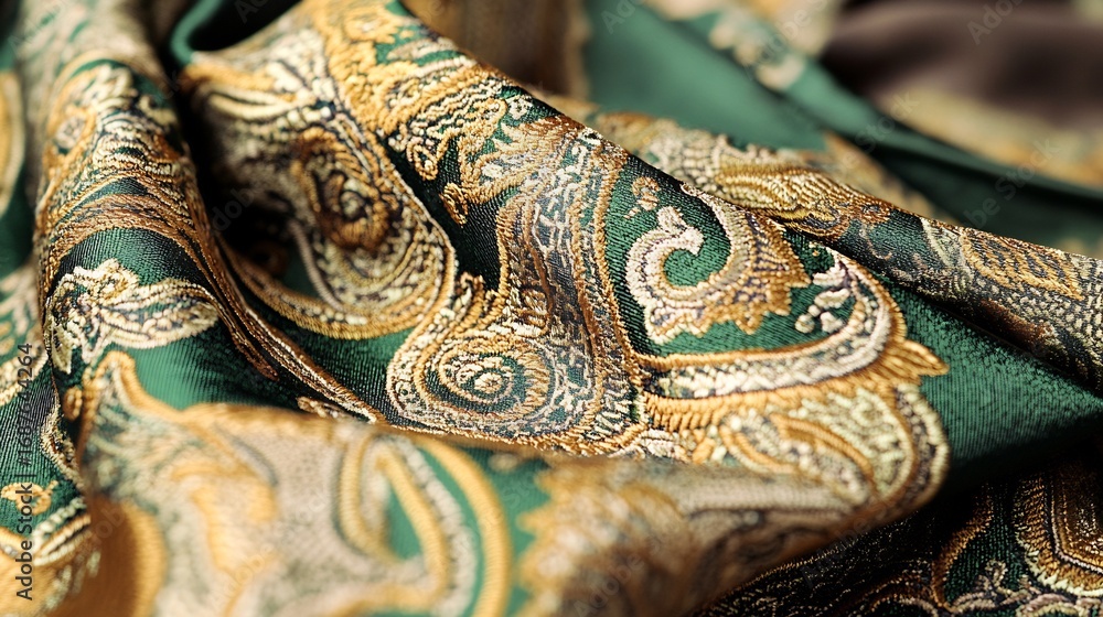 Obraz premium Paisley patterned tie in rich emerald green and gold tones artfully displayed on a rustic fabric evoking a sophisticated and vintage inspired design with intricate details