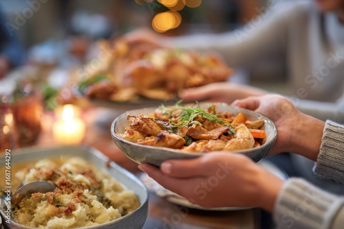 Hands gently passing warm dishes across family Thanksgiving table, holiday meal shared.