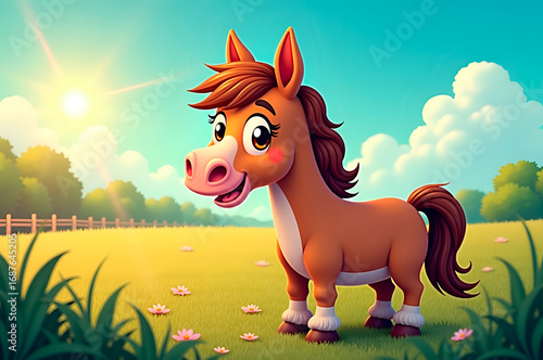 Cute Cartoon Foal in Sunny Meadow