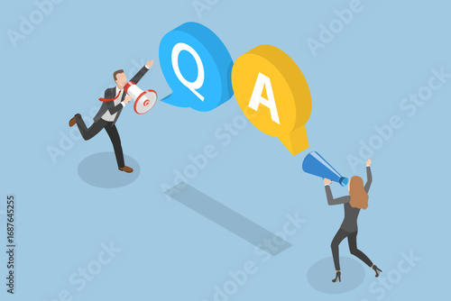 3D Isometric Flat Vector Illustration of Q And A, Businessman And Woman Holding Megaphone For QA Session With FAQ Information