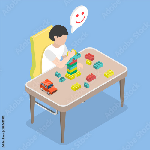 3D Isometric Flat Vector Illustration of Educational Toys, Cheerful Boy Playing With Blocks At The Table.