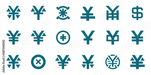 Teal Colored Currency Symbols Including Yen and Dollar on White Background Keywords: currency, symbol, yen, dollar, money