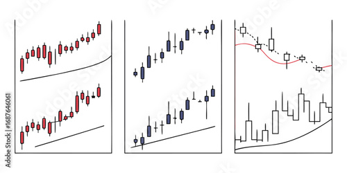 Three financial candlestick charts with upward and downward trends finance stock market
