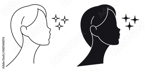 Woman profile with shine skin line and silhouette black icon set , radiance and skin health . Vector illustration .