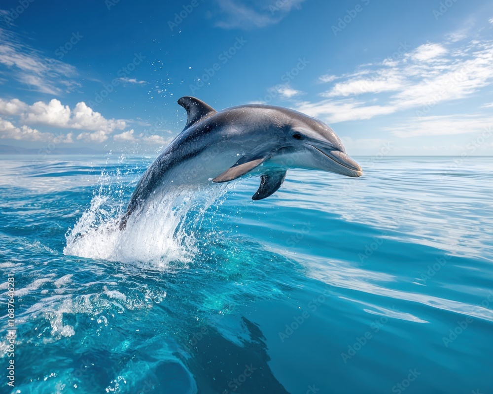 Fototapeta premium Dolphin Jumping Over Clear Turquoise Water Under Bright Blue Sky