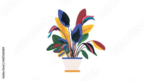 Colorful leaves in a white pot with vibrant hues and patterns.