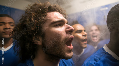 Passionate male athletes in blue jerseys amplify their energy before the game, reflecting determination and camaraderie.