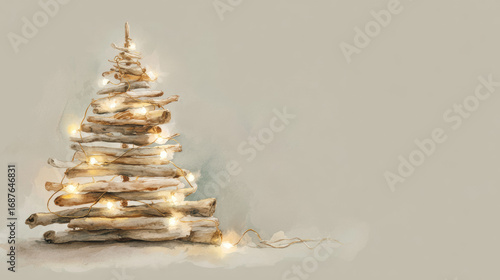 Watercolor alternative eco-style christmas tree made from stacked wooden branches with string lights, neutral earthy palette creating scandinavian mood