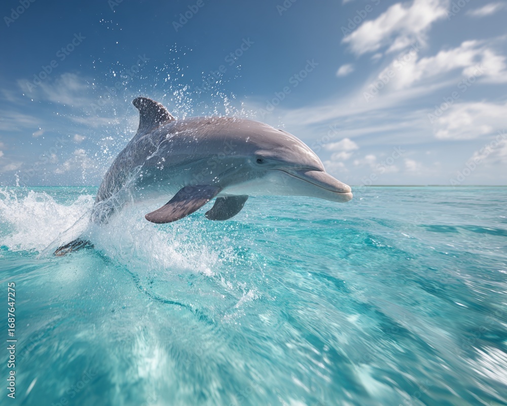 Naklejka premium Dolphin Jumping Out of Clear Turquoise Ocean Water under Bright Sky
