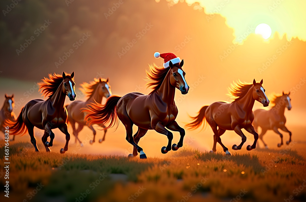 Obraz premium Running Horses with Santa Hat at Sunset