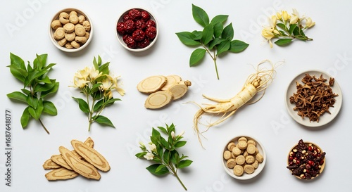自然光輝く 薬草素材 集成 高画質写真. AI Generated