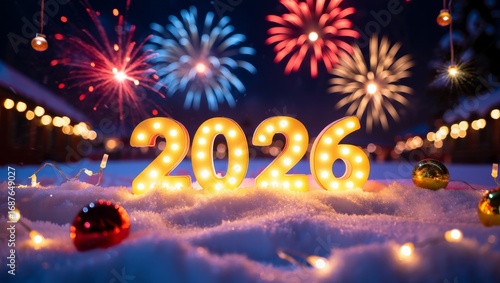 Magical New Year 2026 Celebration with Glowing Numbers, Fireworks and Snowy Night Background