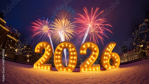 Magical New Year 2026 Celebration with Glowing Numbers, Fireworks and Snowy Night Background
