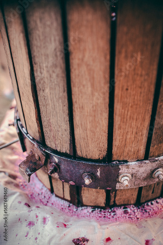 Photos Red wine making process, pulp, vintage oak wood wine press, moldavian traditions