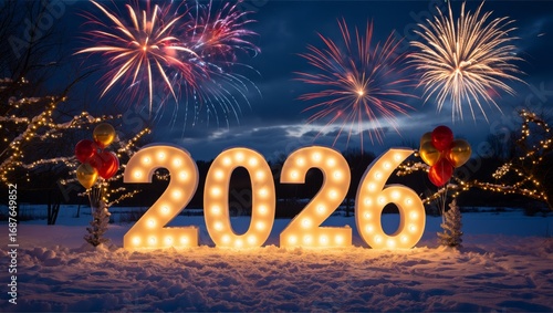 Magical New Year 2026 Celebration with Glowing Numbers, Fireworks and Snowy Night Background