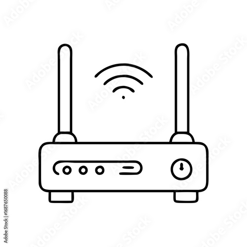 Illustration of a wifi router with two antennas emitting signal, represents wireless internet connectivity