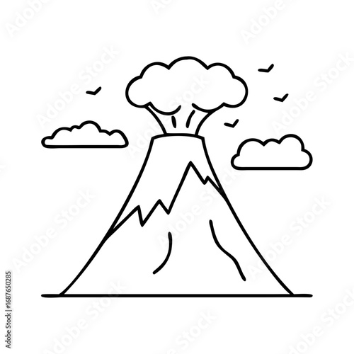 Vector art of volcano eruption with smoke and birds in a simple line art style, capturing natures raw power and beauty