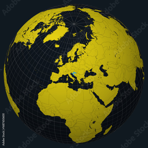 Croatia on Globe. Country view on the world map in Charcoal Bright Yellow color palette. Croatia shape on map. Globe with meridians, parallels, countries, rivers and lakes. Classy vector illustration.