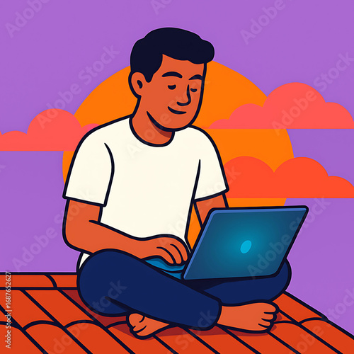 Man working on a laptop outdoors, enjoying the sunset from a rooftop, digital illustration