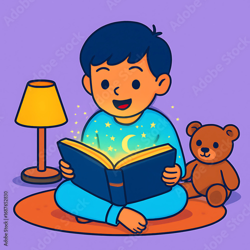 Child's imagination comes to life while reading a magical bedtime story next to a warm lamp and a teddy bear friend