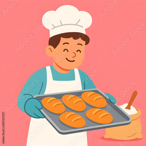 Cartoon vector illustration of a young man baking, a cheerful chef proudly presenting warm loaves of bread