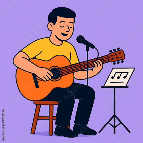 A musician playing an acoustic guitar with a microphone and music stand during a performance