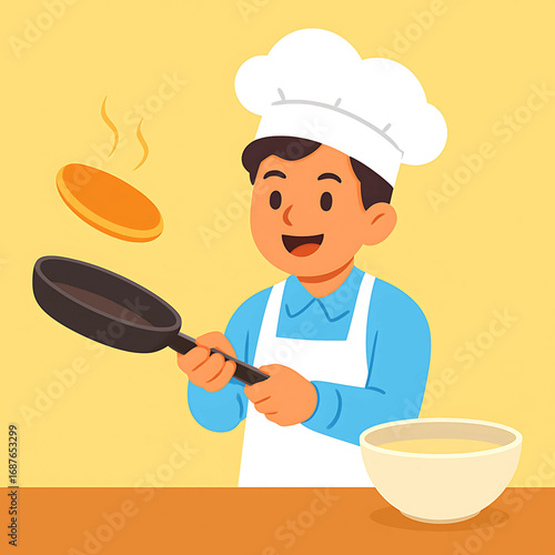 A cheerful young boy in a chef's hat and apron is joyfully flipping a pancake in a frying pan, illustrating a fun cooking activity