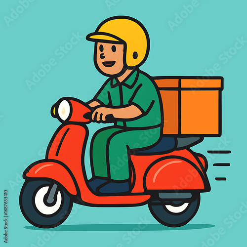 A cheerful delivery driver wearing a helmet rides a red scooter for an express shipping service. This flat vector illustration represents a fast and efficient courier transporting a package