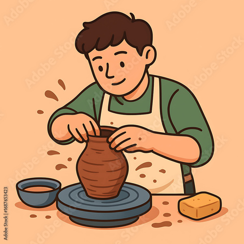 Young artisan focused on the creative process of making a clay pot on a potter's wheel, showcasing a therapeutic and artistic hobby