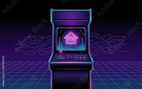 Retro Arcade Machine with Glowing House Icon Symbolizing Home Ownership in Digital Age Technology and Gaming