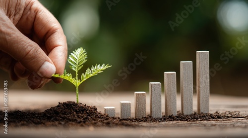 Growth Concept with Plant and Wooden Bar Graph in Natural Setting