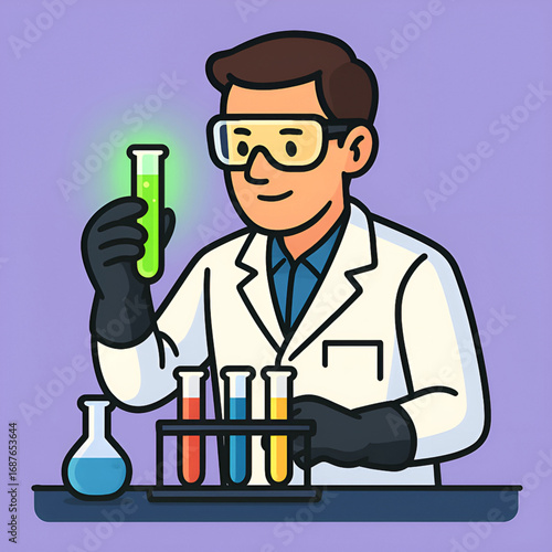 Cartoon scientist in a lab coat holding a glowing test tube, representing a scientific discovery or breakthrough concept