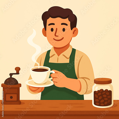 Cheerful coffee shop owner character holding a steaming mug, embodying the passion for quality handcrafted beverages