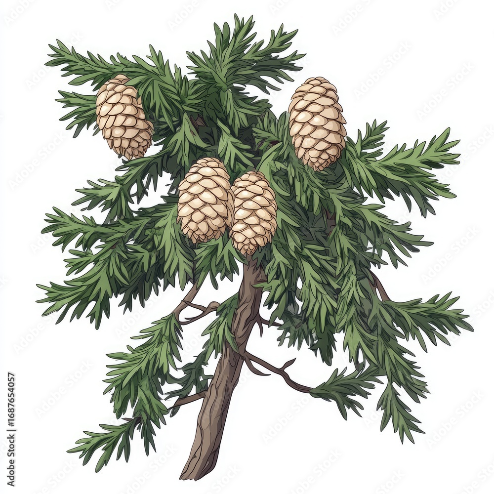 Fototapeta premium A simple studio shot of pine cones and needles on a white background and close-up natural images of pine cones on a branch
