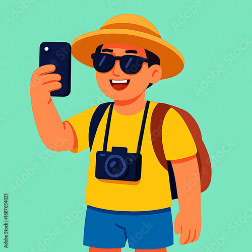 Happy young tourist man in a summer hat and sunglasses taking a selfie with his smartphone while on vacation. Illustrated travel character concept