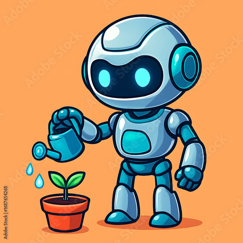A friendly cartoon robot character carefully watering a small green seedling, symbolizing the harmony between technology and nature