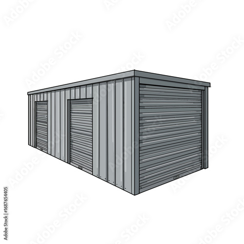 Modern metal storage unit with roll-up doors for commercial or personal use