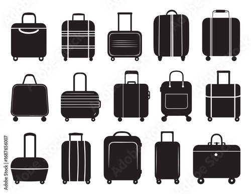 Valise, Baggage icons set. Luggage, travel bag, suitcase symbols. Suitcase and Travel Bag Silhouette Icons – Luggage Vector Pack.