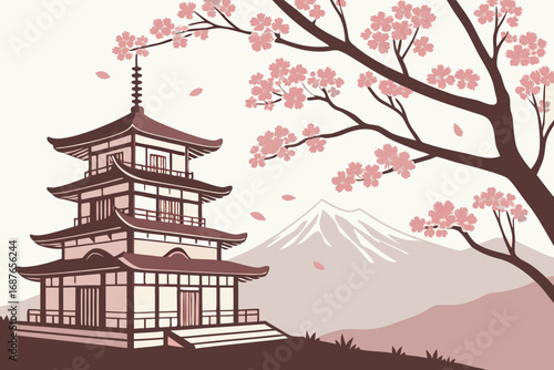 Asian pagoda surrounded by cherry blossoms in bloom, mountains in background, modern flat illustration style.