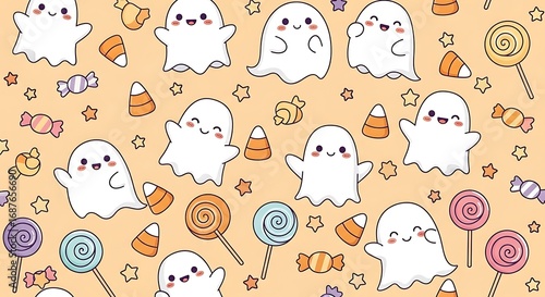 A delightful halloween pattern featuring cute ghosts, candies, and stars, perfect for adding a touch of spooky sweetness to your designs, invitations, and decorations for the holiday season