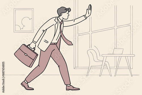 Businessman holding hand forward saying STOP.